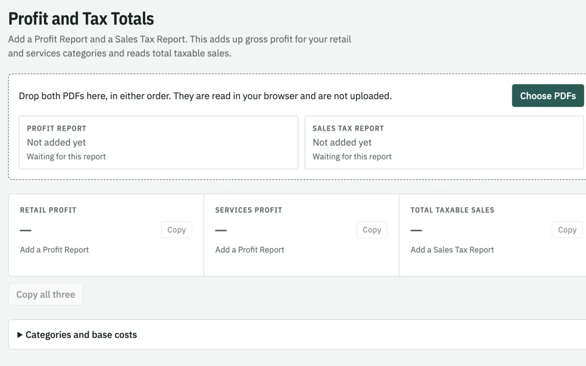 Profit and Tax Totals with retail profit, services profit and taxable sales